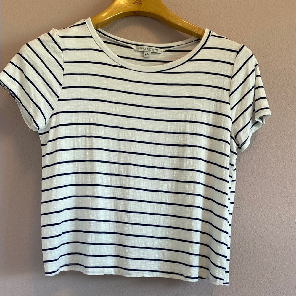 Green Envelope Los Angelesl White and Blue Crop Fitted Short Sleeve Tee Size M